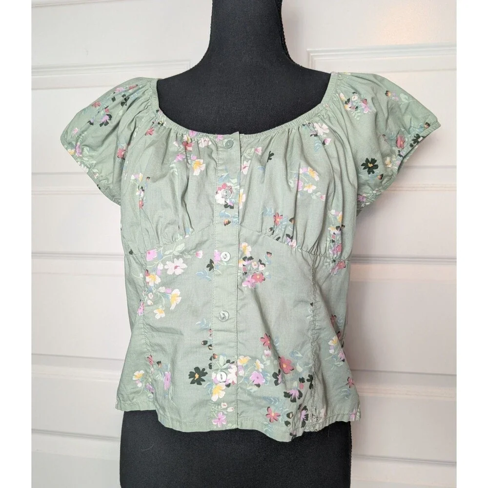 Lucky Brand Size L Blouse Floral Corset Cotton Puff Sleeves Cottage Peasant - Picture 3 of 8